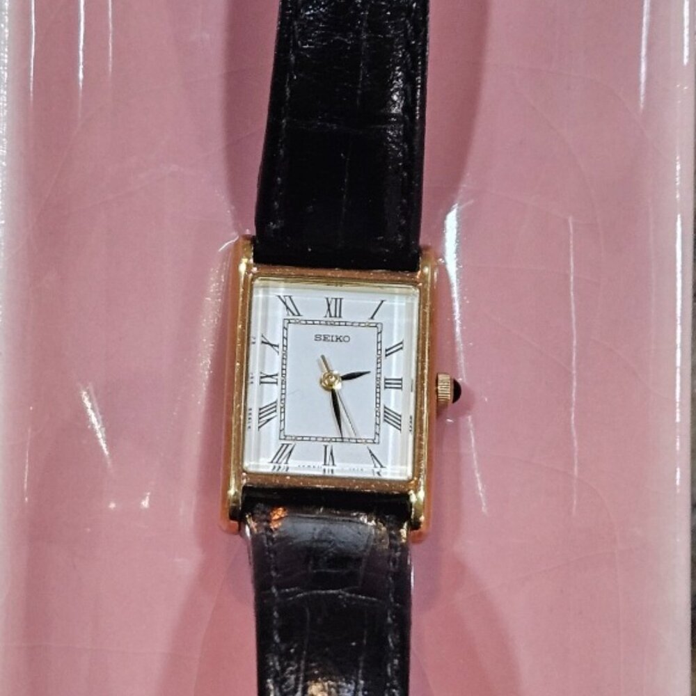 Seiko Women's Tank Watch w/ White Face & Black Leather Strap, Cabuchon stem - Picture 2 of 11
